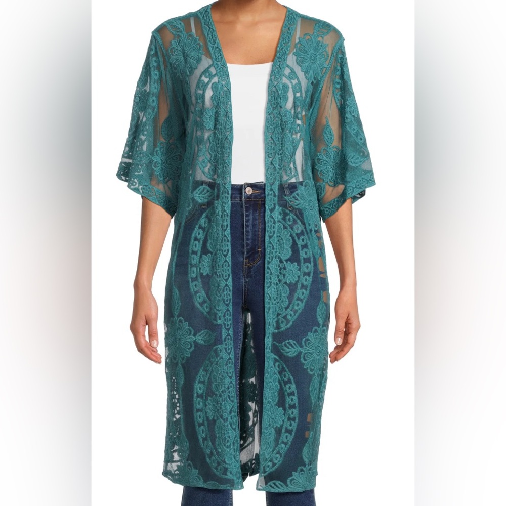 #2000 - Teal Medallion Floral Leaf Lace Kimono Open Front Cardigan Sheer Cotton